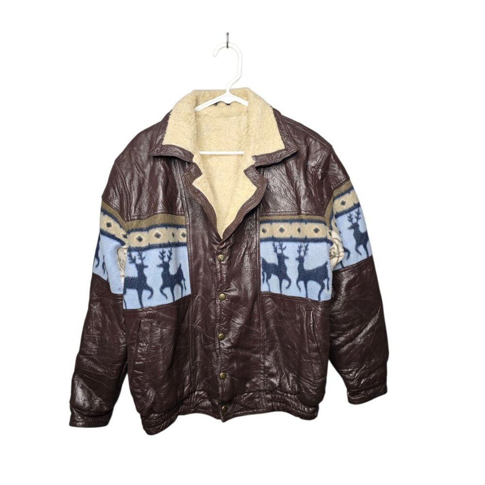 Vintage Brown Leather Bomber Jacket Navajo Sherpa - Picture 2 of 13
